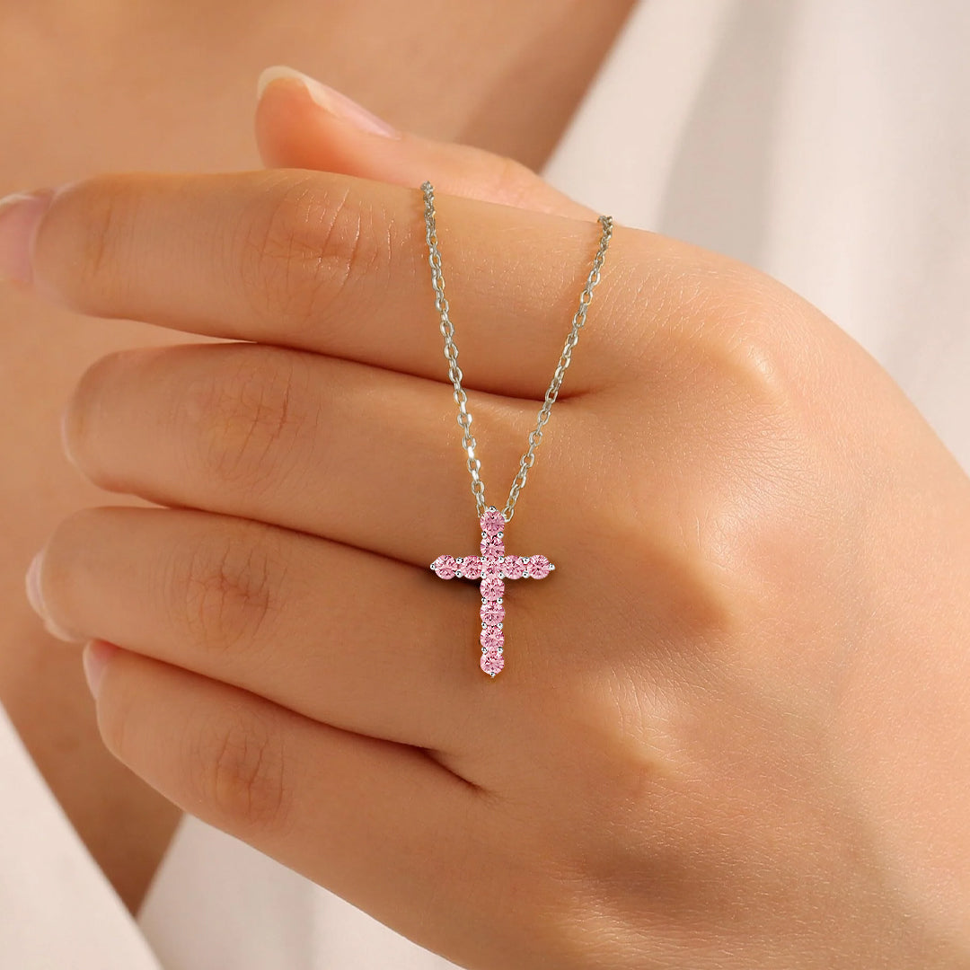 Abigail Pink Delicate Cross Moissanite Necklace