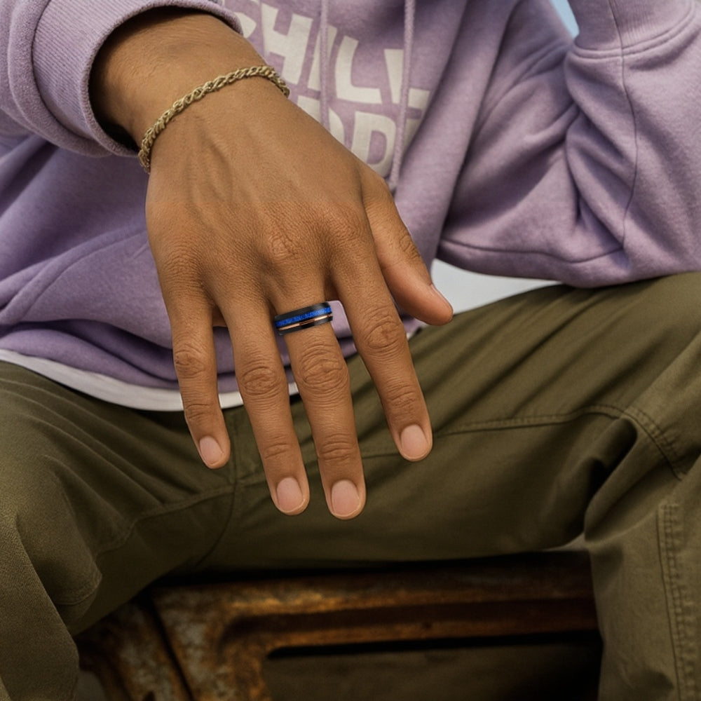 Blue Opal River Tungsten Ring For Men