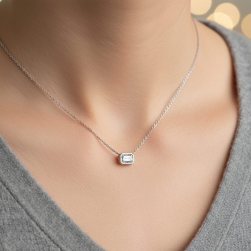 Ariston Bezel Set Solitaire Emerald Moissanite Necklace