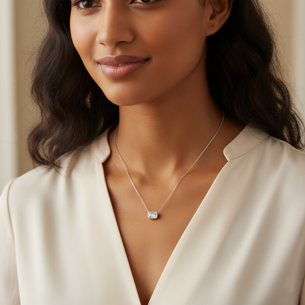 Ariston Bezel Set Solitaire Emerald Moissanite Necklace