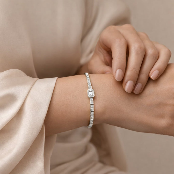 Beveled Emerald-Cut Accent Tennis Moissanite Bracelet