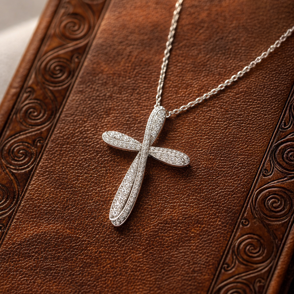 Ribbon Cross Moissanite Necklace