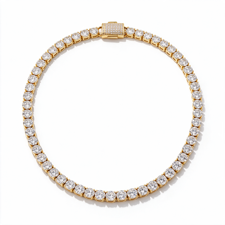 Atlas Round-Cut Moissanite Tennis Chain in 14k Gold with iced clasp