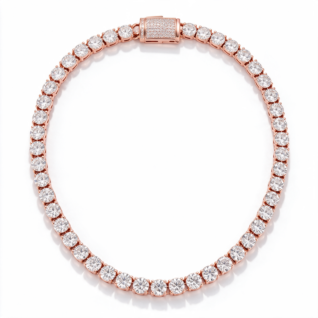 Atlas Round-Cut Moissanite Tennis Chain in 14k Rose Gold with iced clasp