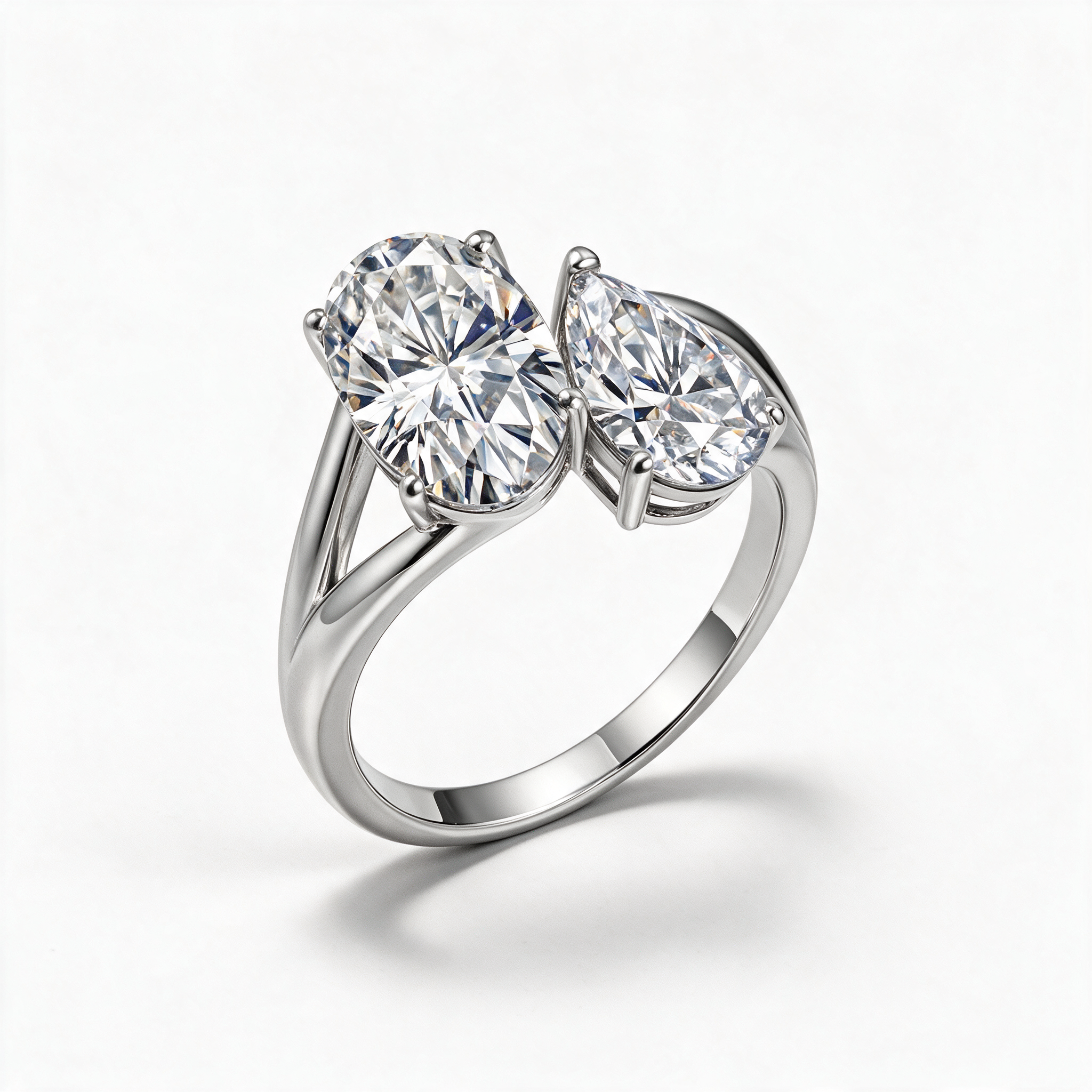 Amorette Toi et Moi Moissanite Ring pear and oval cut in 14k Platinum