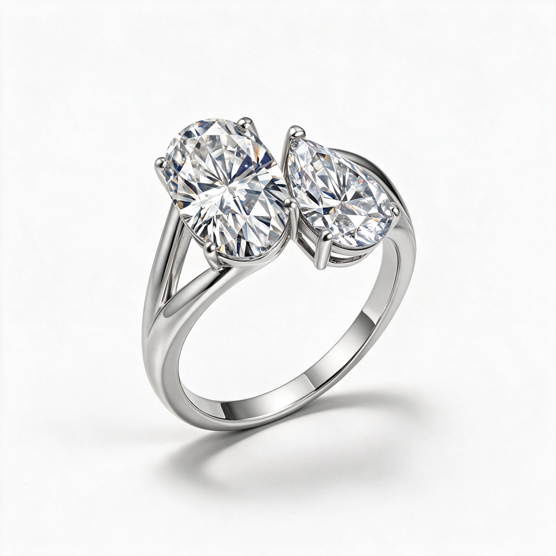 Amorette Toi et Moi Moissanite Ring pear and oval cut in 14k Platinum