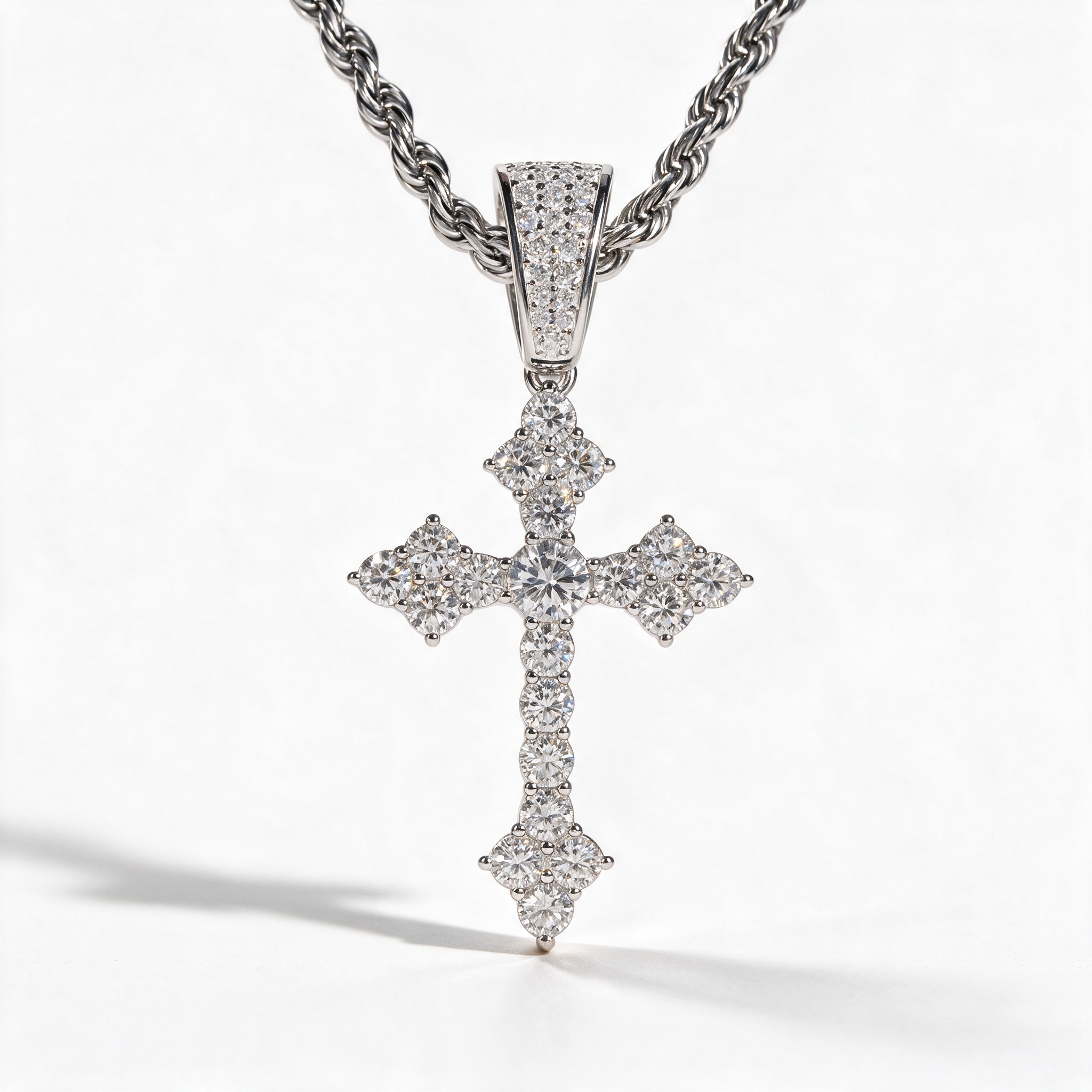 Atlas Iced Moissanite Cross Pendant in 14k Platinum on rope chain