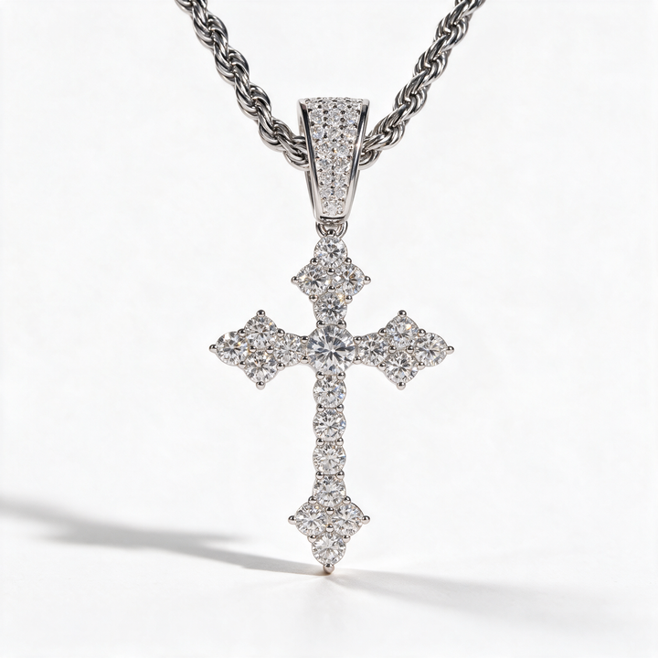 Atlas Iced Moissanite Cross Pendant in 14k Platinum on rope chain