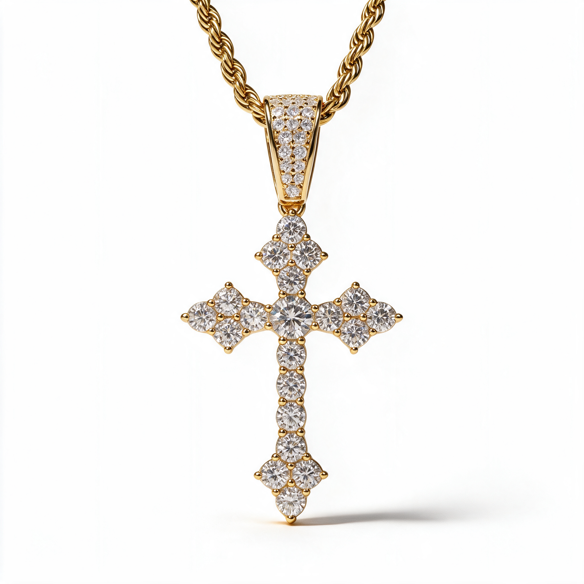 Atlas Iced Moissanite Cross Pendant in 14k Gold on rope chain