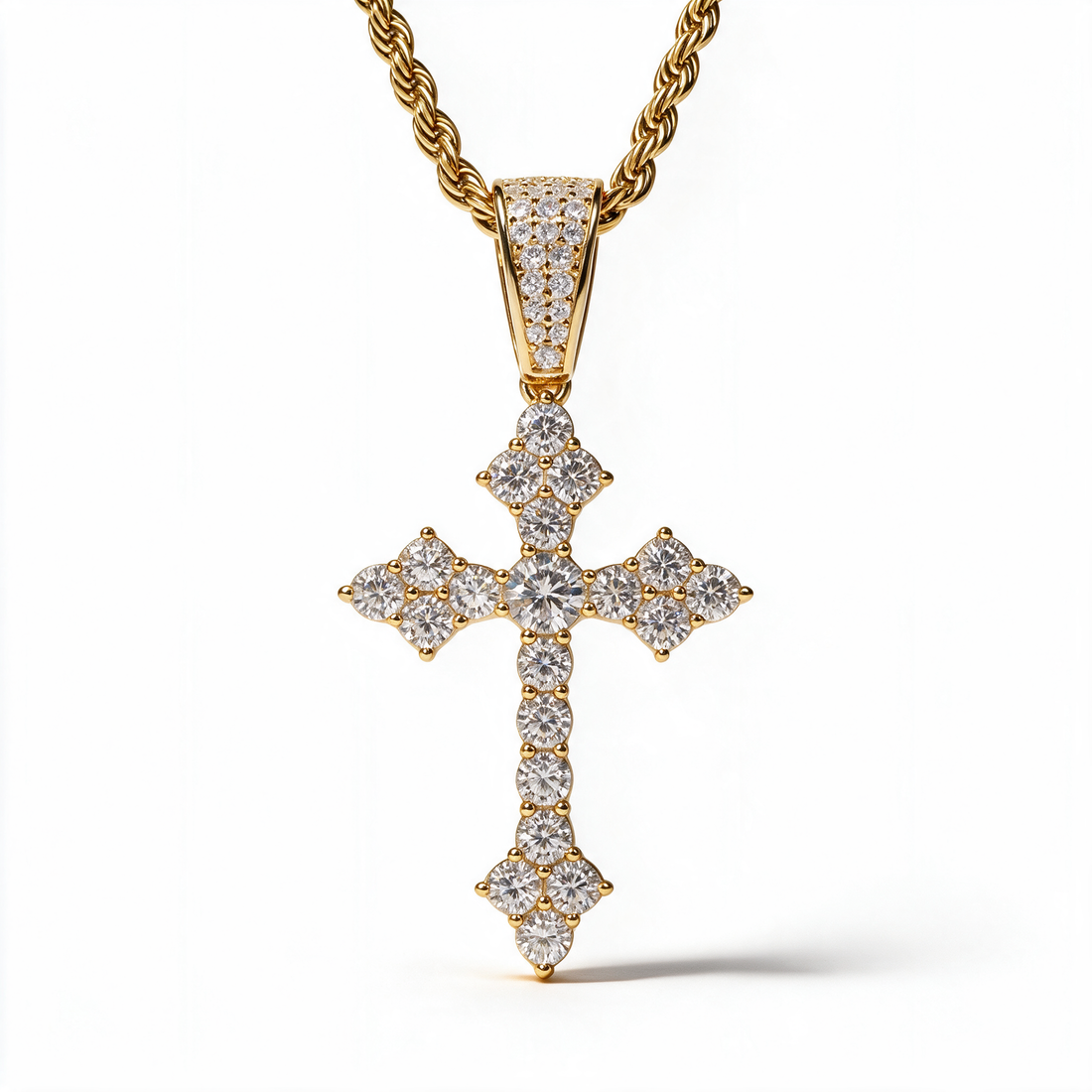 Atlas Iced Moissanite Cross Pendant in 14k Gold on rope chain