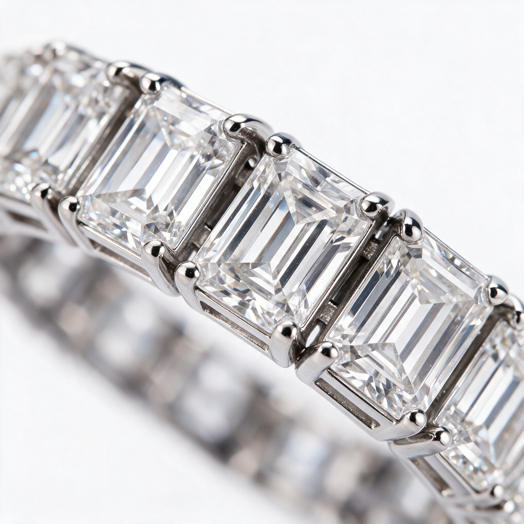 Emerald-cut moissanite tennis bracelet macro stone detail