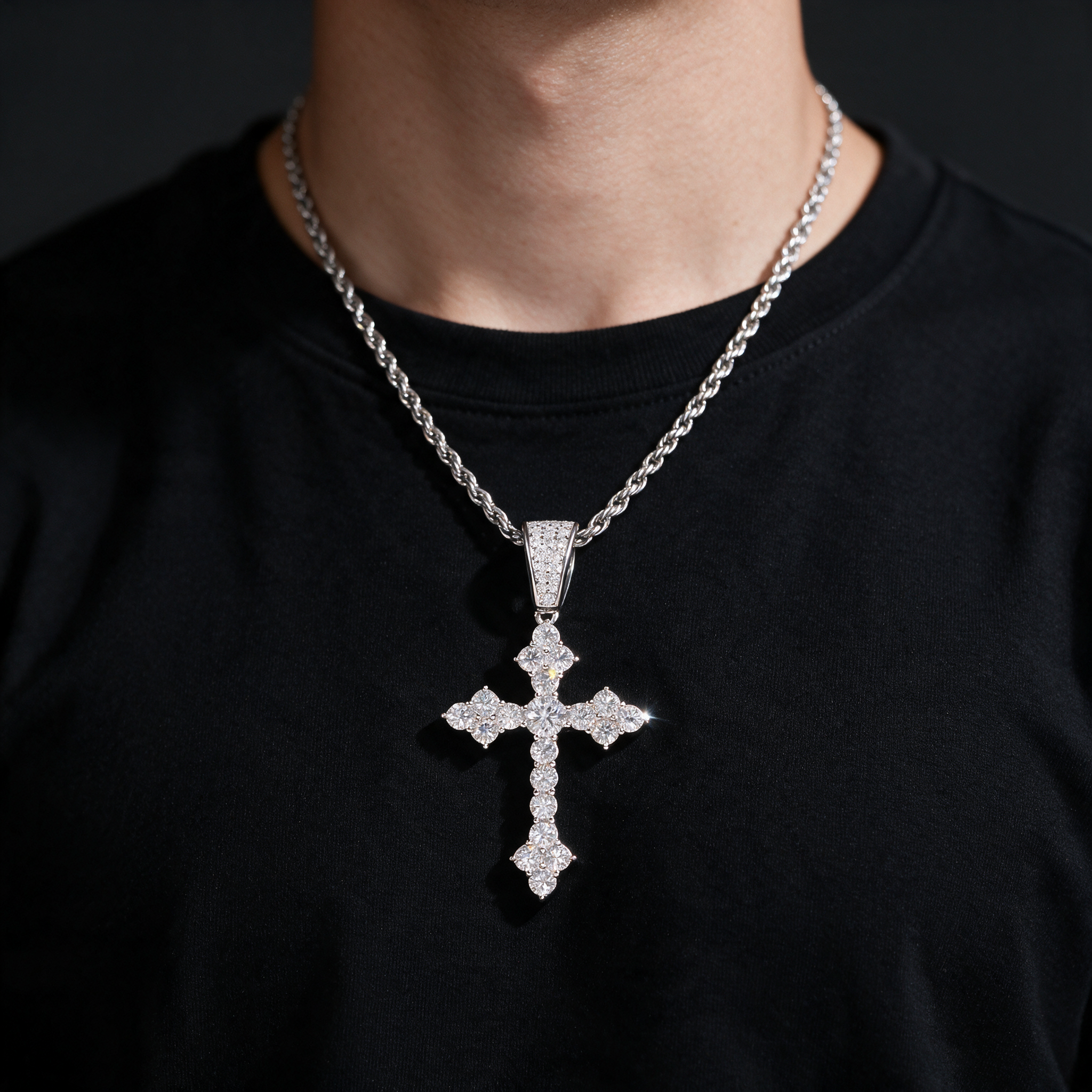 Atlas Iced Cross Pendant worn over black t-shirt