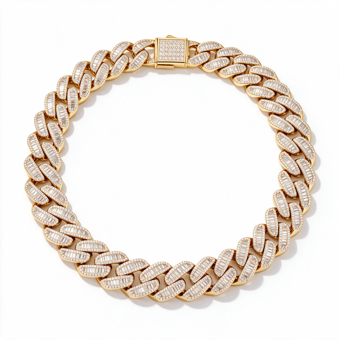 Atlas Baguette Moissanite Cuban Chain in 14k Gold with iced clasp
