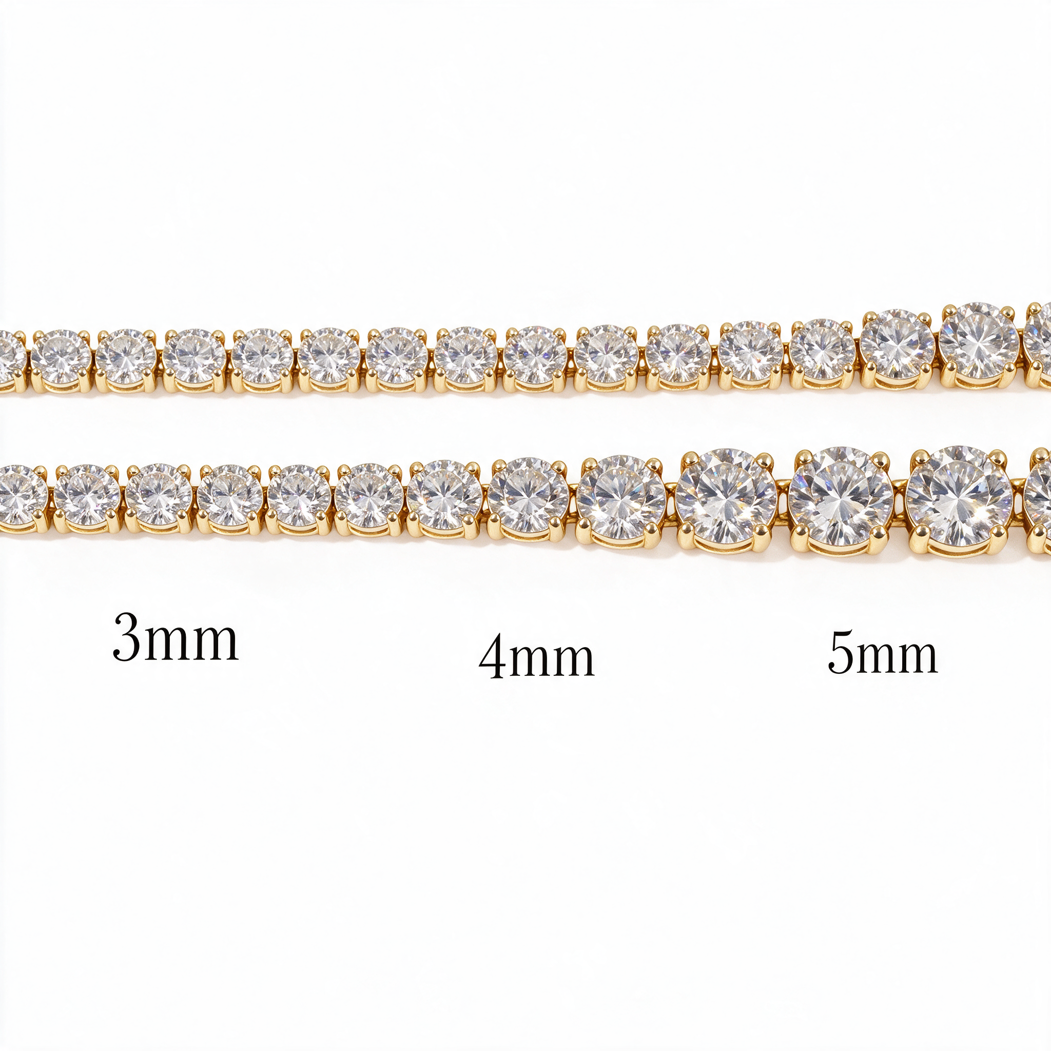 Moissanite tennis chain width comparison 3mm 4mm 5mm labeled size guide