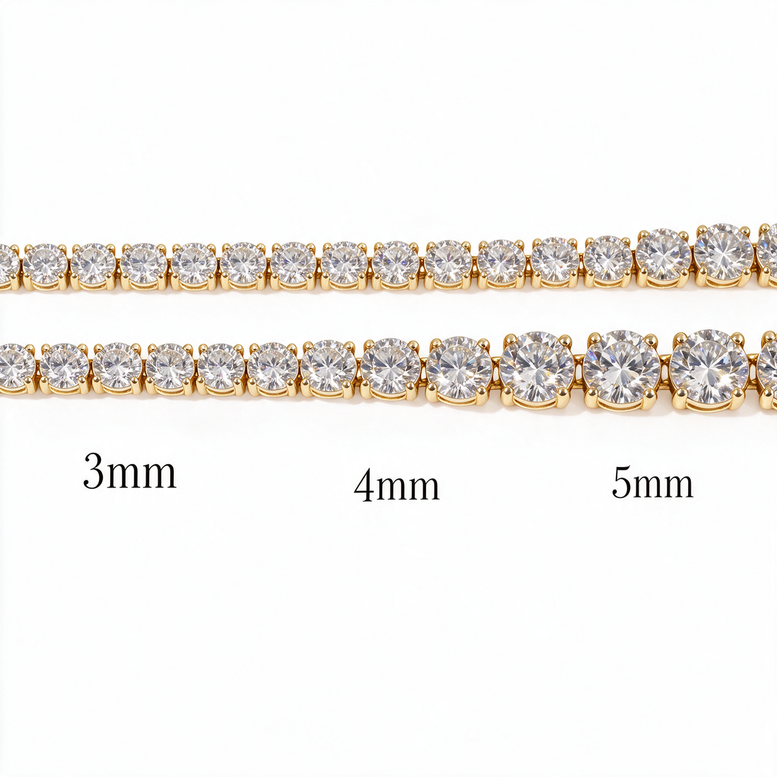 Moissanite tennis chain width comparison 3mm 4mm 5mm labeled size guide
