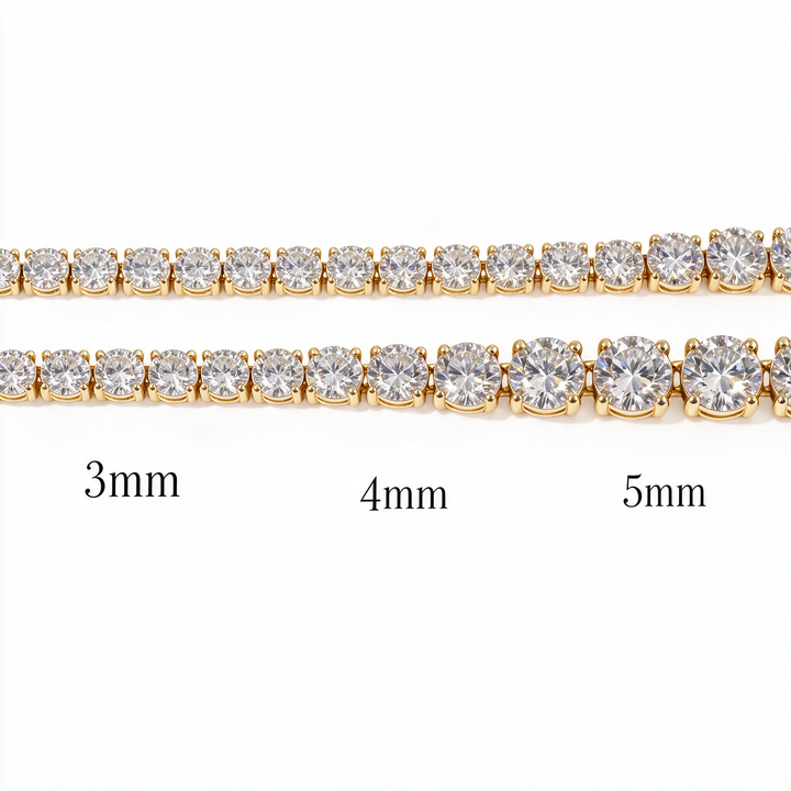 Moissanite tennis chain width comparison 3mm 4mm 5mm labeled size guide