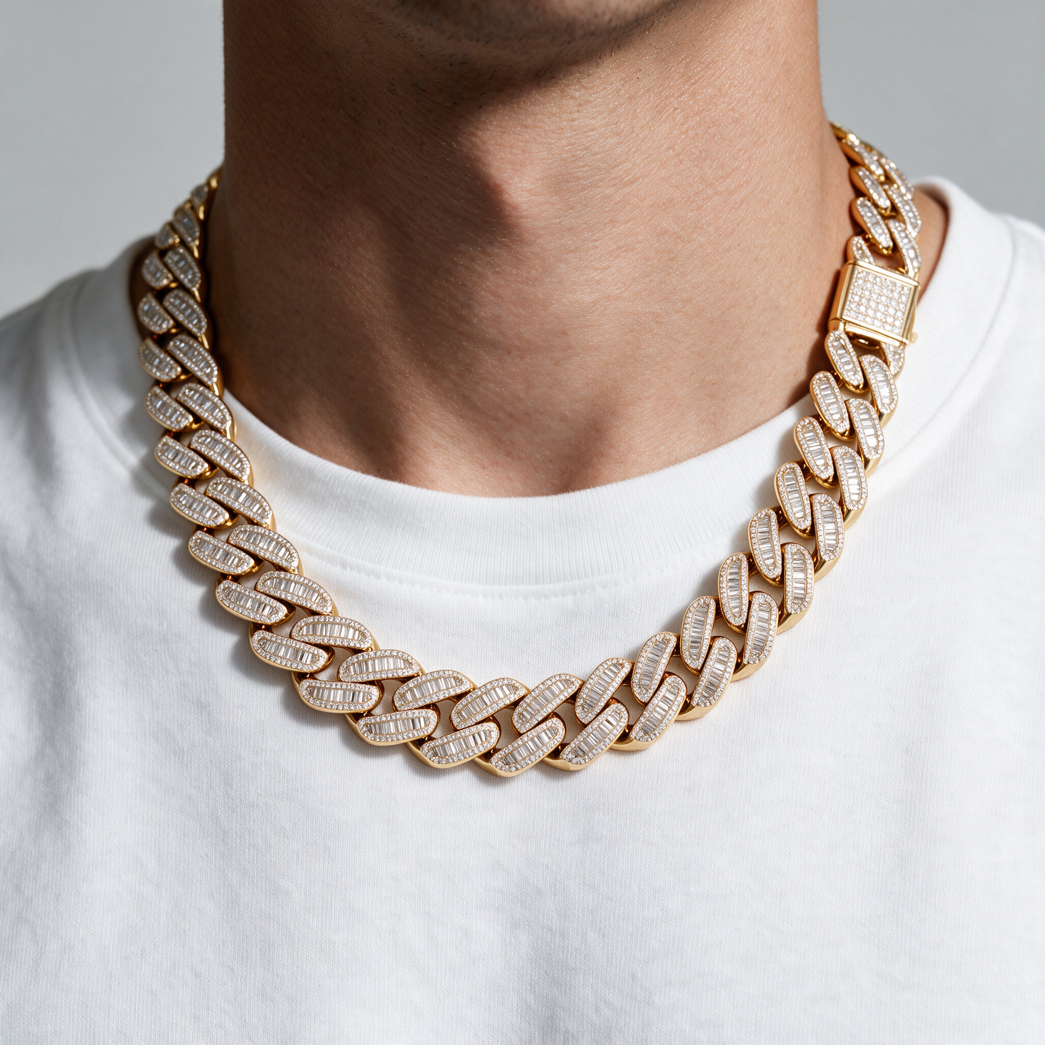Atlas Baguette Moissanite Cuban Chain worn by a man