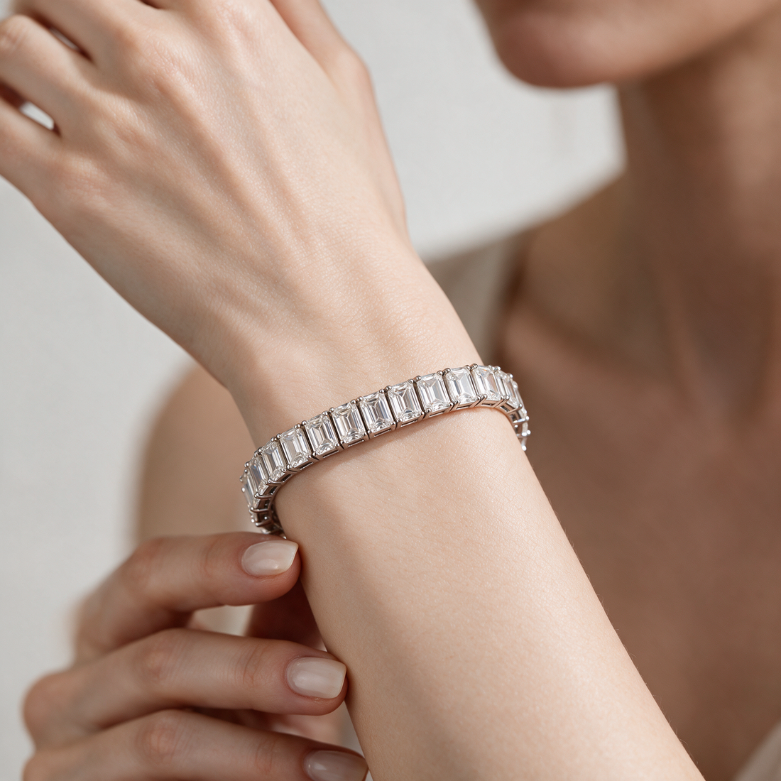 Celestia Emerald-Cut Moissanite Tennis Bracelet worn on wrist
