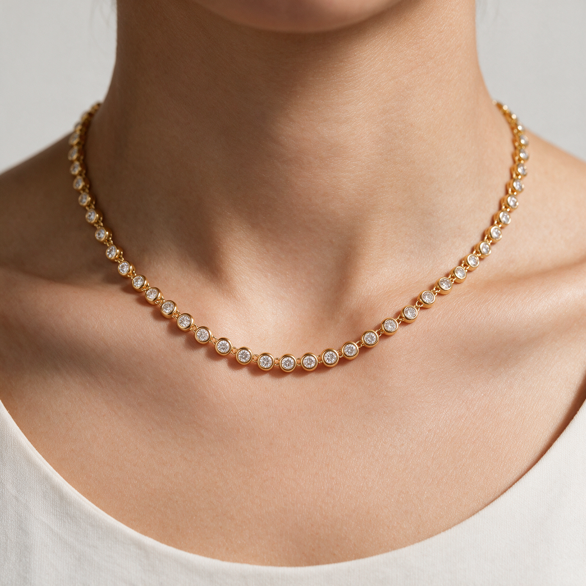 Seraphina Bezel Station Moissanite Necklace worn on neckline
