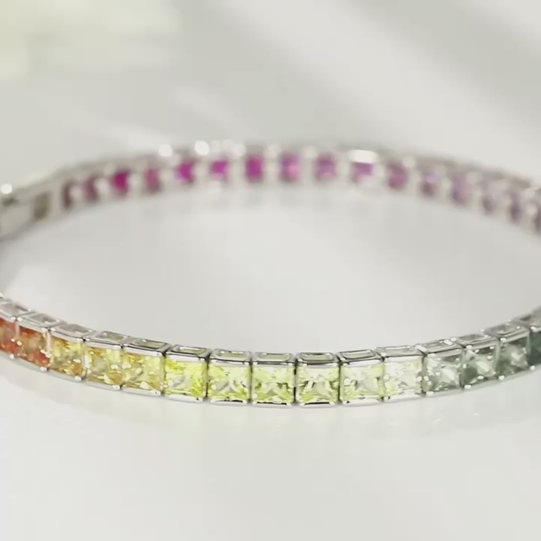 Rainbow Moissanite Sapphire Princess-Cut Tennis Bracelet